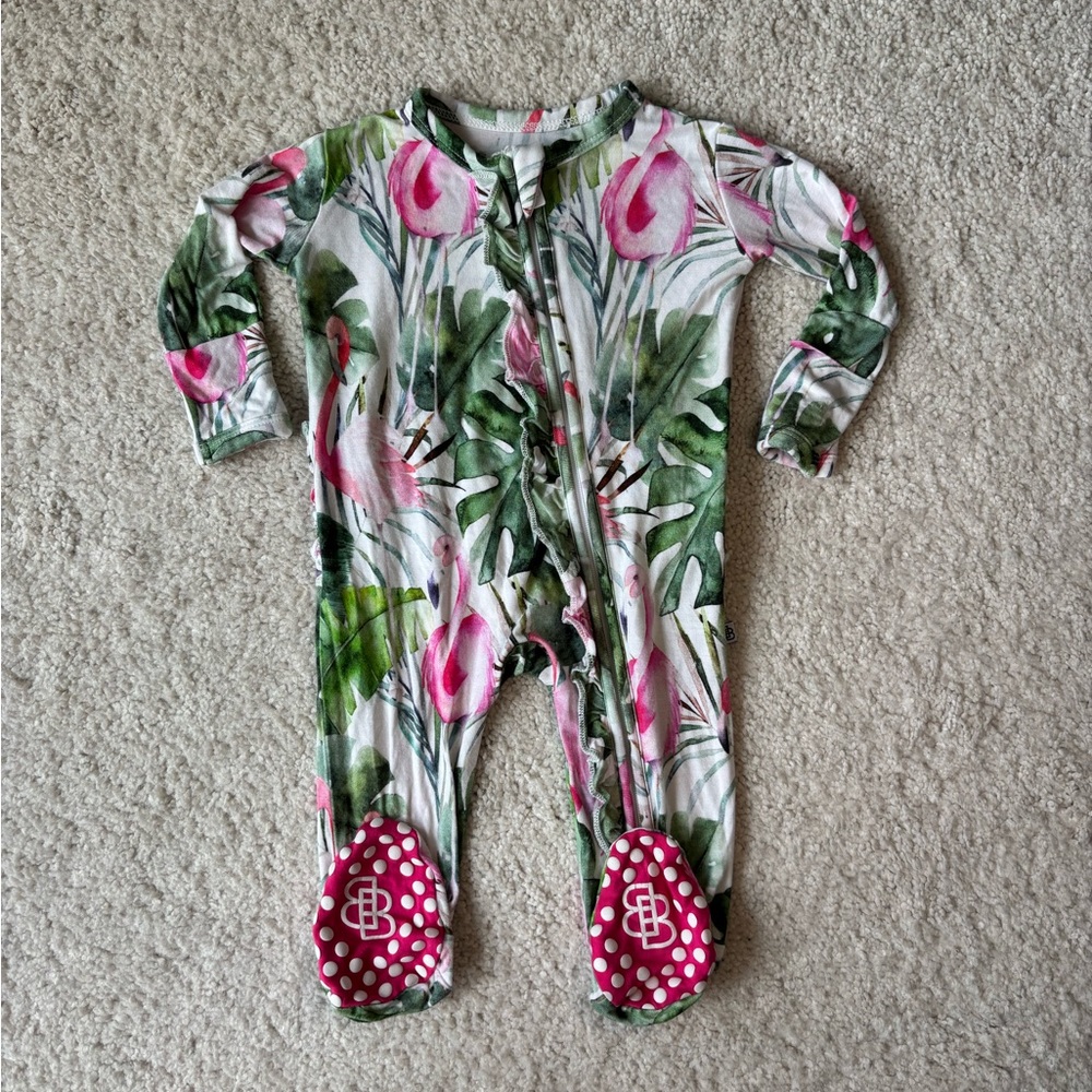 Little Bum Bums Tropical Flamingo Kids Footed One Piece - Pink and Green